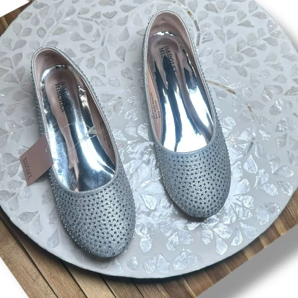 Badgley Mischka Girls Rhinestone Ballet Flats Silver Wedding Flower Girl Shoes S